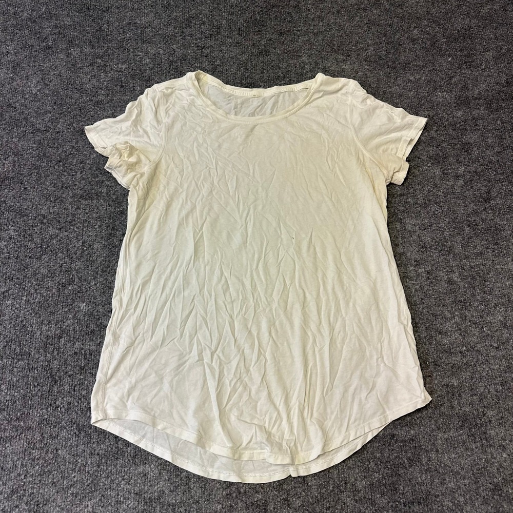 Unbranded T-Shirt Womens Size M Cream Short Sleeve Scoop Neck Curved Hem Stained